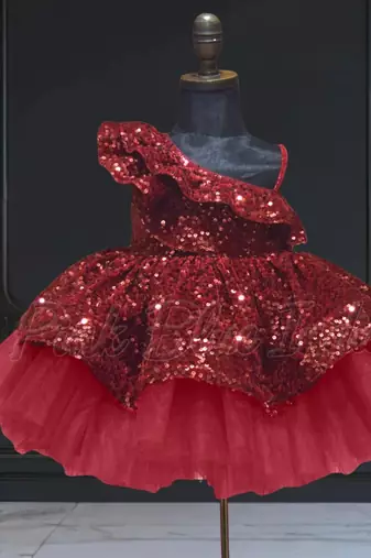 Maroon ruffled one shoulder girls dress