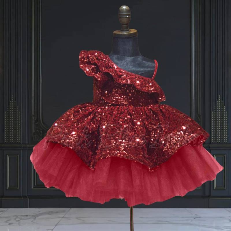 Maroon ruffled one shoulder girls dress