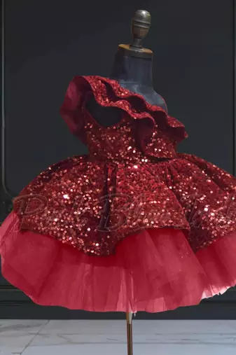 Maroon ruffled one shoulder girls dress
