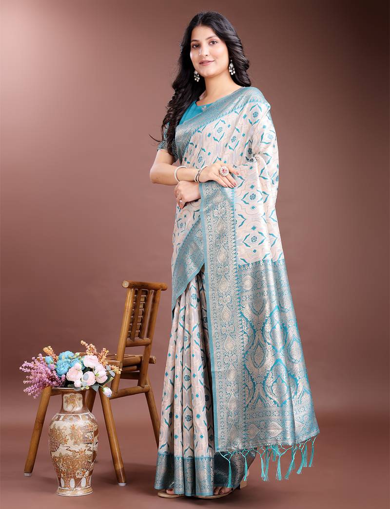 sea green linen cotton with jacquard work and zari weaving saree with blouse
