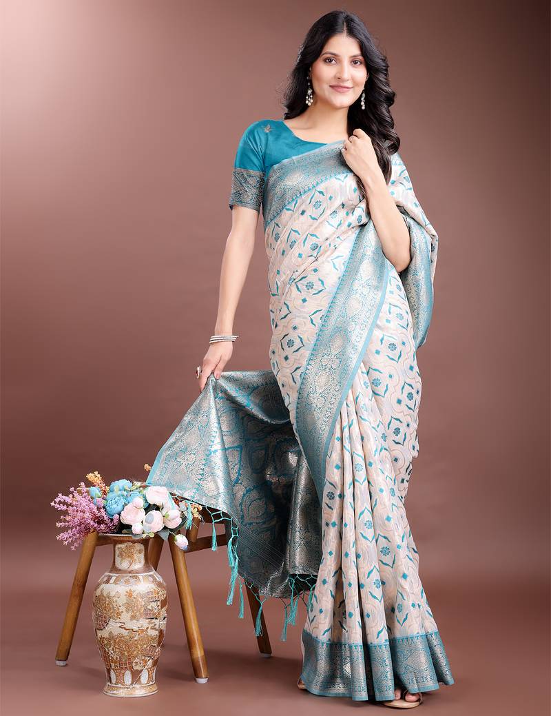 sea green linen cotton with jacquard work and zari weaving saree with blouse