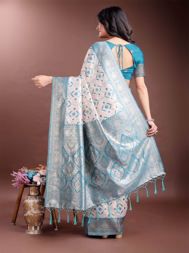 sea green linen cotton with jacquard work and zari weaving saree with blouse