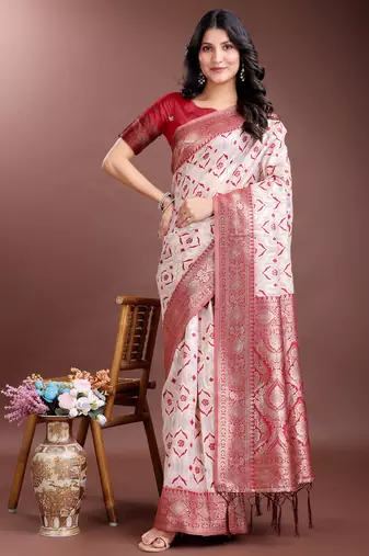 red linen cotton with jacquard work and zari weaving saree with blouse
