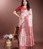 red linen cotton with jacquard work and zari weaving saree with blouse