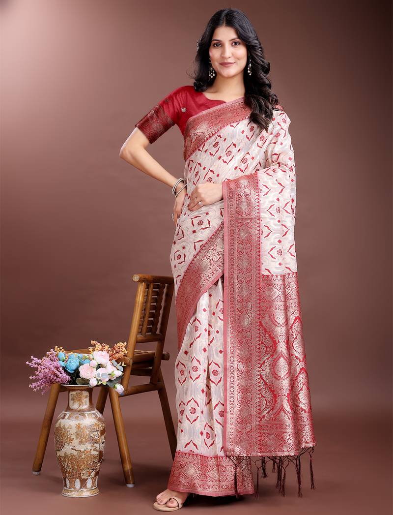 red linen cotton with jacquard work and zari weaving saree with blouse