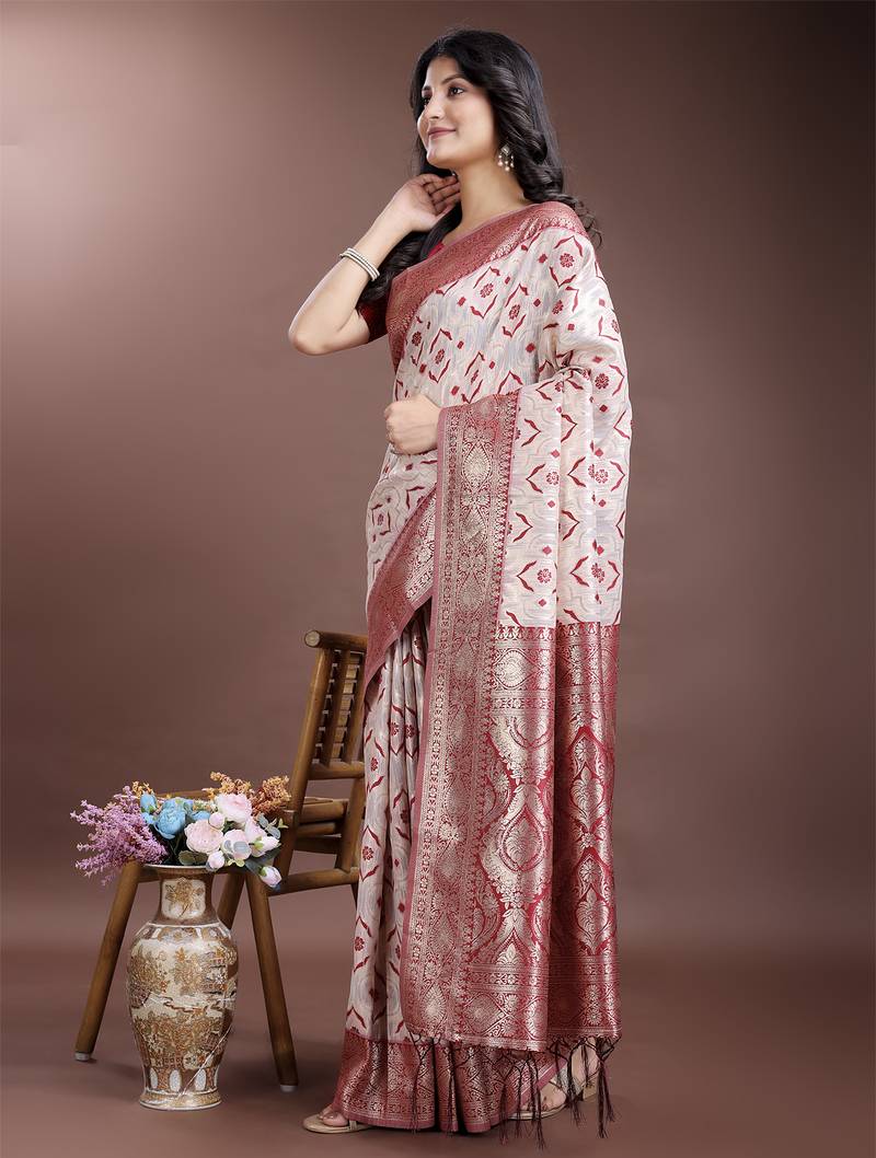 red linen cotton with jacquard work and zari weaving saree with blouse