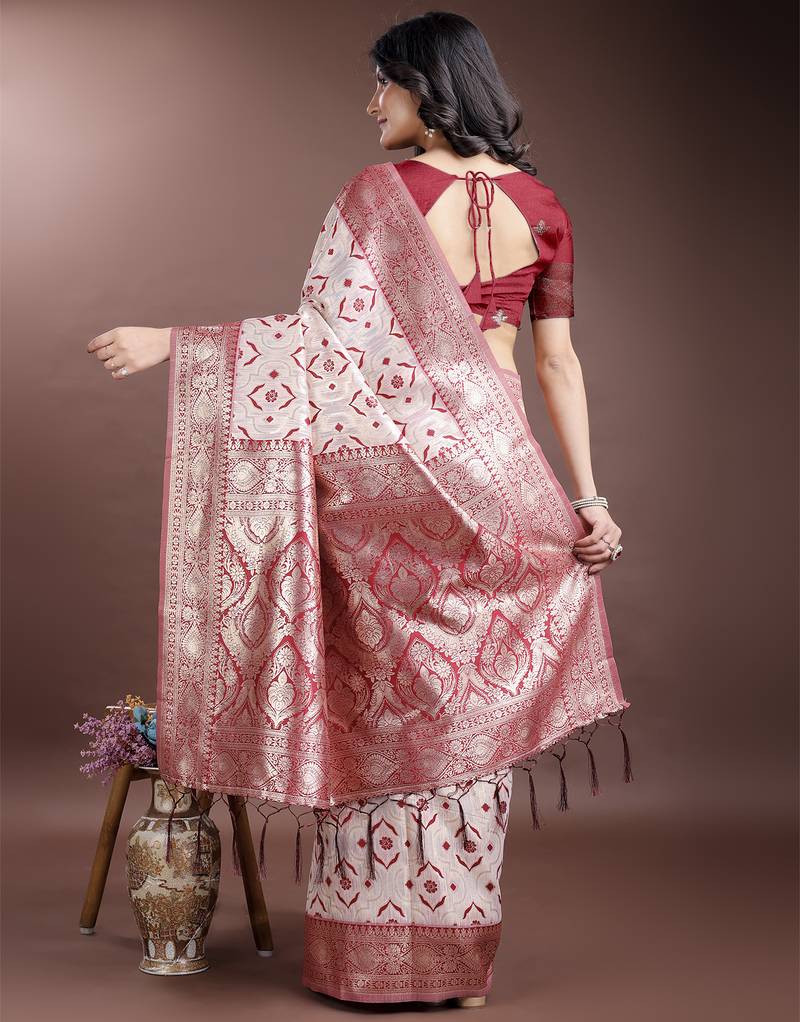 red linen cotton with jacquard work and zari weaving saree with blouse