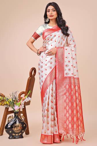 white banrasi art silk with jacquard work and zari weaving saree with blouse