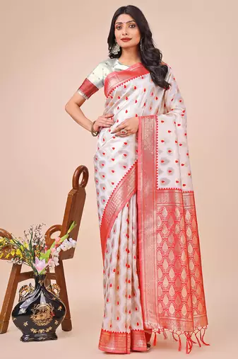 white banrasi art silk with jacquard work and zari weaving saree with blouse