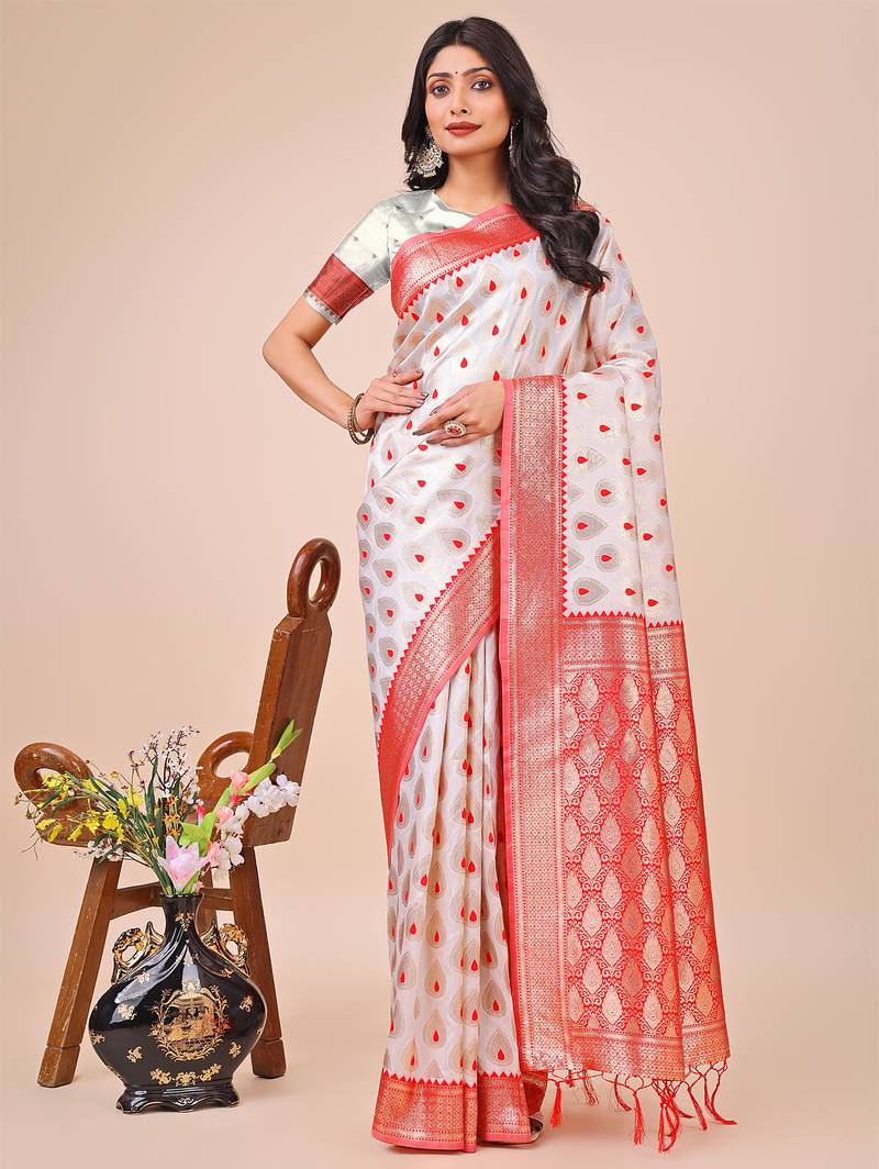 white banrasi art silk with jacquard work and zari weaving saree with blouse