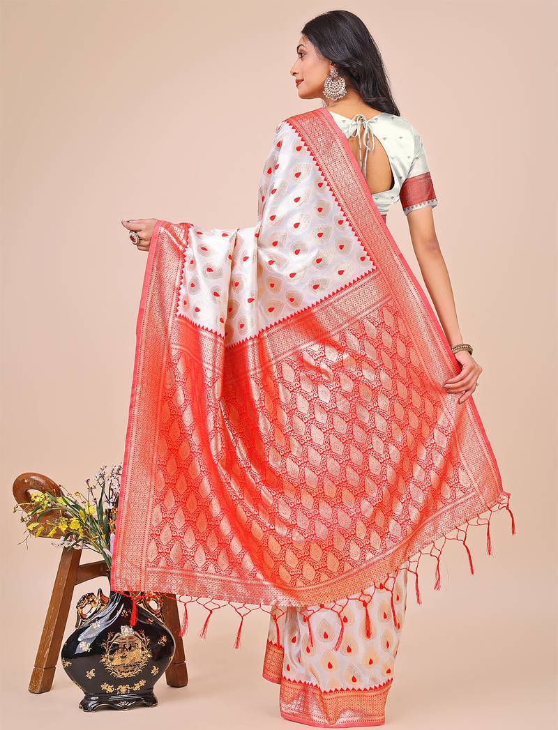 white banrasi art silk with jacquard work and zari weaving saree with blouse