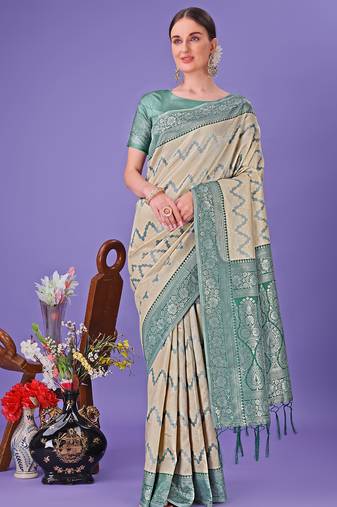 cream lichi art silk with printed and zari weaving saree with blouse