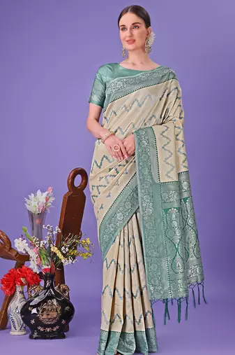 cream lichi art silk with printed and zari weaving saree with blouse