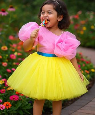 Girl’s yellow & pink knee length frock dress 1