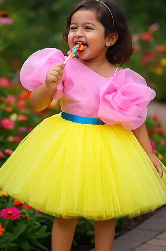 Girl’s yellow & pink knee length frock dress