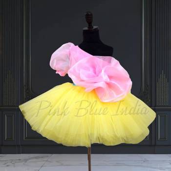 Girl’s yellow & pink knee length frock dress 2