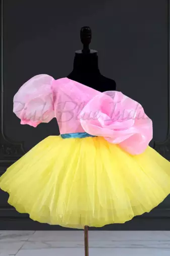 Girl’s yellow & pink knee length frock dress
