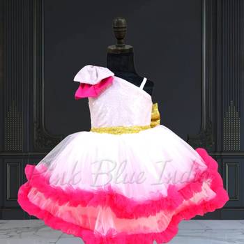 Pink net one shoulder dress for baby girls 1