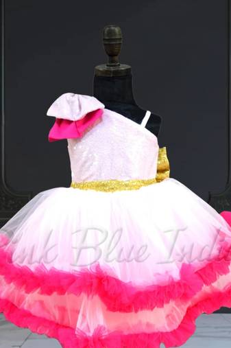 Pink net one shoulder dress for baby girls