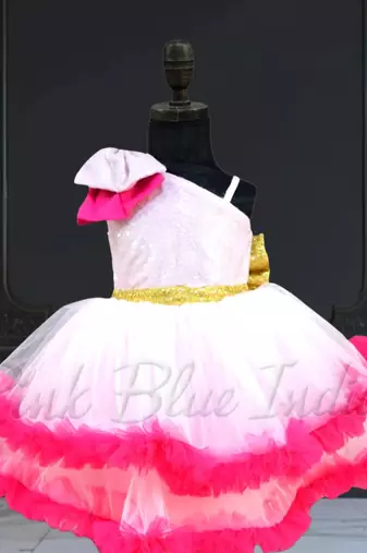 Pink net one shoulder dress for baby girls