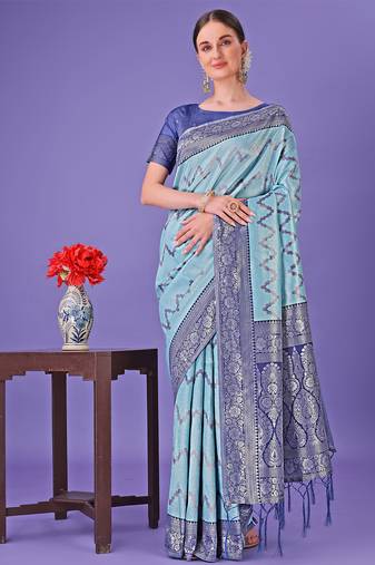 sky blue lichi art silk with printed and zari weaving saree with blouse