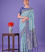 sky blue lichi art silk with printed and zari weaving saree with blouse