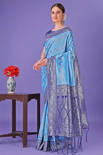 blue lichi art silk with printed and zari weaving saree with blouse