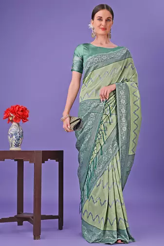 light green lichi art silk with printed and zari weaving saree with blouse
