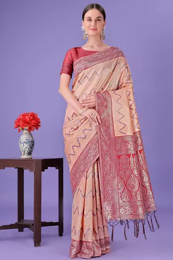 peach lichi art silk with printed and zari weaving saree with blouse