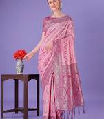 light pink lichi art silk with printed and zari weaving saree with blouse