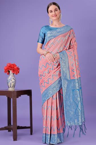 peach lichi art silk with printed and zari weaving saree with blouse