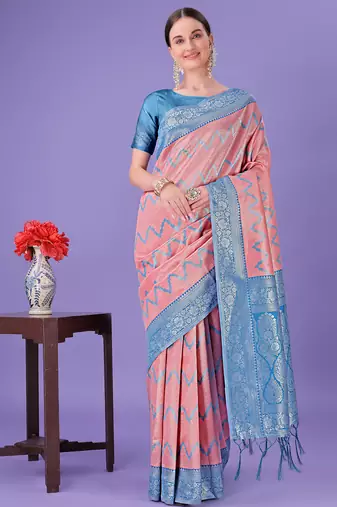 peach lichi art silk with printed and zari weaving saree with blouse