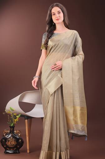 beige organza with thread work and zari weaving saree with blouse