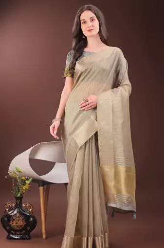 beige organza with thread work and zari weaving saree with blouse