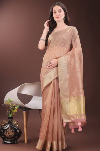 peach organza with thread work and zari weaving saree with blouse