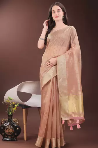 peach organza with thread work and zari weaving saree with blouse