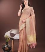 peach organza with thread work and zari weaving saree with blouse