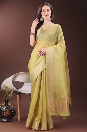 yellow organza with thread work and zari weaving saree with blouse