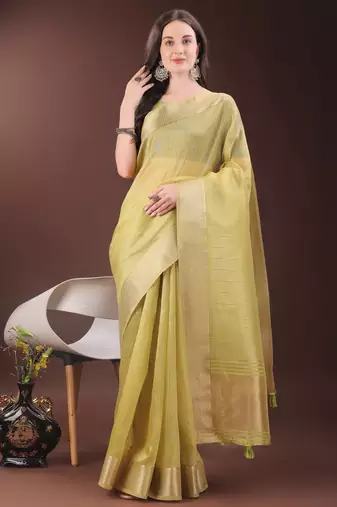yellow organza with thread work and zari weaving saree with blouse