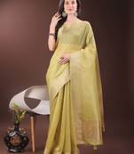 yellow organza with thread work and zari weaving saree with blouse