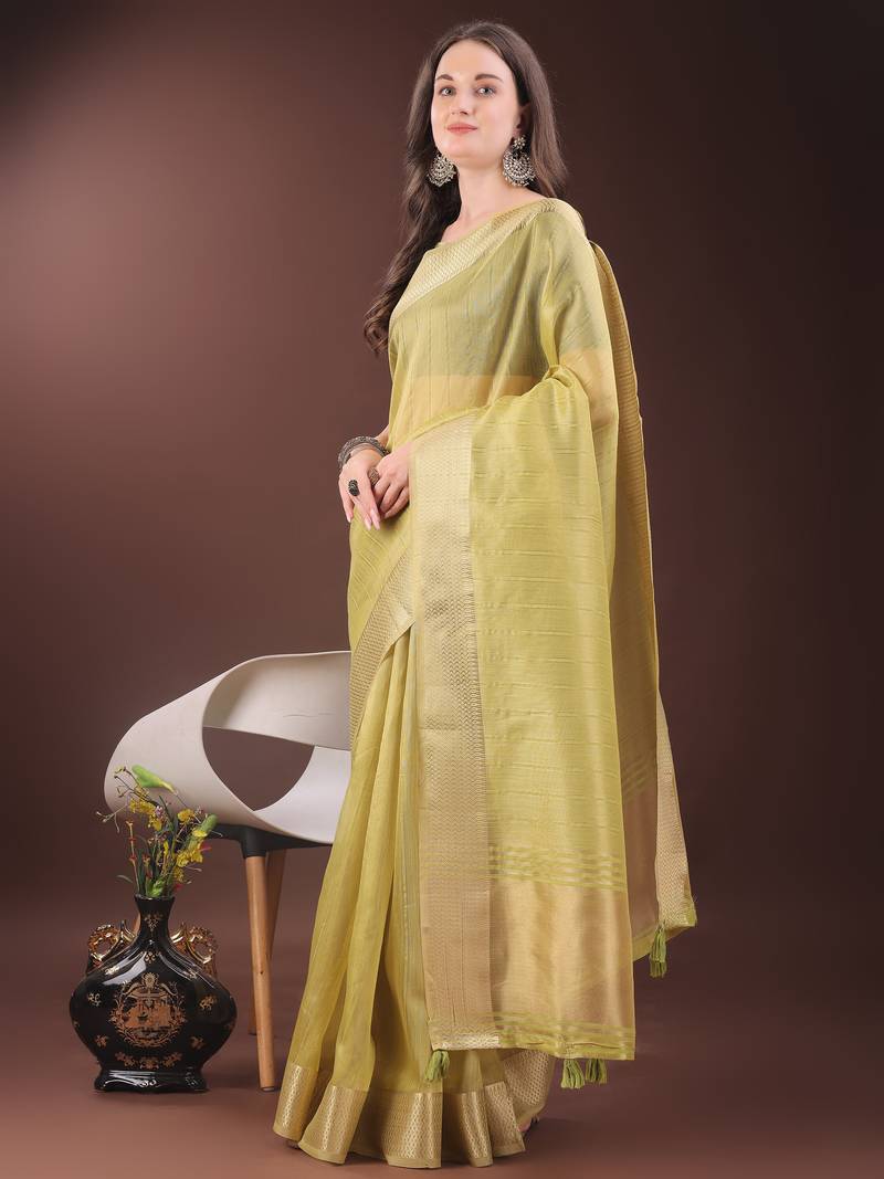 yellow organza with thread work and zari weaving saree with blouse