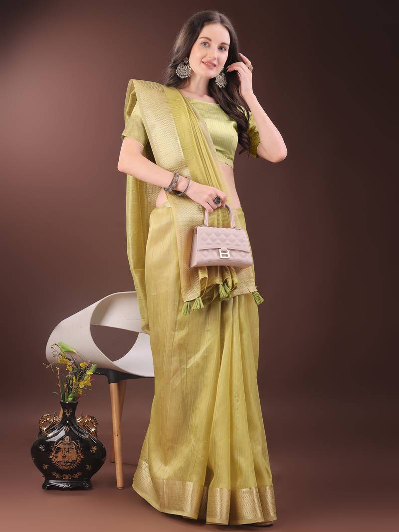 yellow organza with thread work and zari weaving saree with blouse