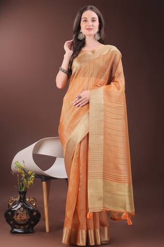 orange organza with thread work and zari weaving saree with blouse