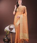 orange organza with thread work and zari weaving saree with blouse