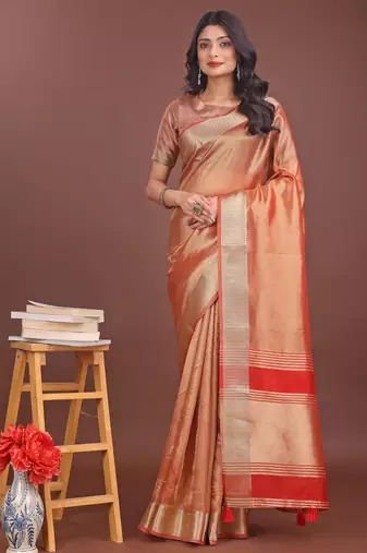orange organza with thread work and zari weaving saree with blouse