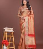 orange organza with thread work and zari weaving saree with blouse