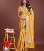 yellow organza with thread work and zari weaving saree with blouse