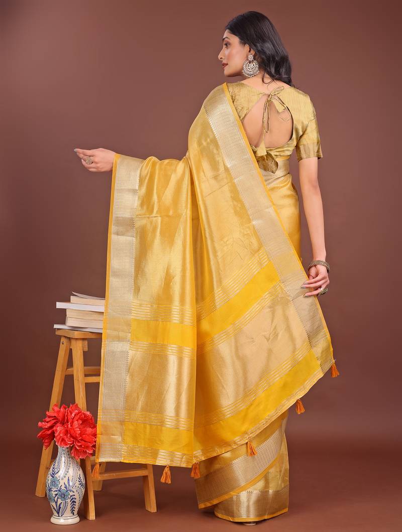 yellow organza with thread work and zari weaving saree with blouse