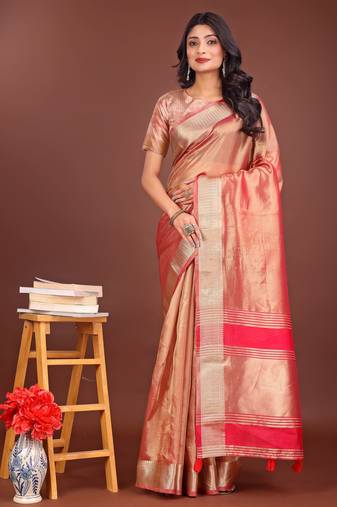 orange organza with thread work and zari weaving saree with blouse