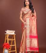 orange organza with thread work and zari weaving saree with blouse